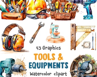 Tools and Equipments Watercolor Clipart, Drills chainsaw Wrench, tools bundle, tools svg, 43 SVG, 43 PNG, Digital Download | Commercial Use