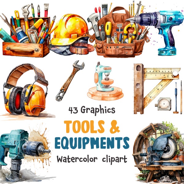 Tools and Equipments Watercolor Clipart, Drills chainsaw Wrench 43 SVG, 43 PNG ( transparent background) | Digital Download | Commercial Use