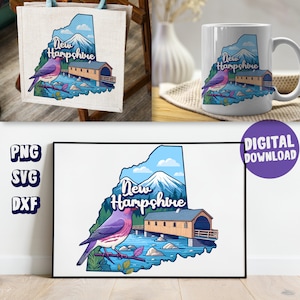 New Hampshire Watercolor Clipart: State Bird & Covered Bridge (PNG, SVG, DXF)