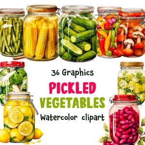 Peut inclure: 36 illustrations à l'aquarelle de différents légumes marinés dans des bocaux en verre. Les bocaux contiennent du maïs, des concombres, des poivrons, des champignons, du chou-fleur, du brocoli et des haricots rouges.