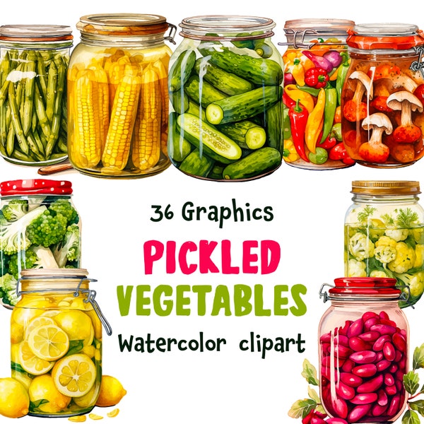 Pickled Vegetables Watercolor Clipart, pickle jars, Homemade veggies 36 SVG, 36 PNG ( transparent background) | Source file | Commercial Use