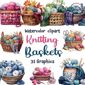 Może przedstawiać: Akwarelowa ilustracja koszy do robótek ręcznych wypełnionych kolorową przędzą, igłami i akcesoriami. Obraz zawiera tekst "Watercolor clipart Knitting Baskets 31 Graphics."