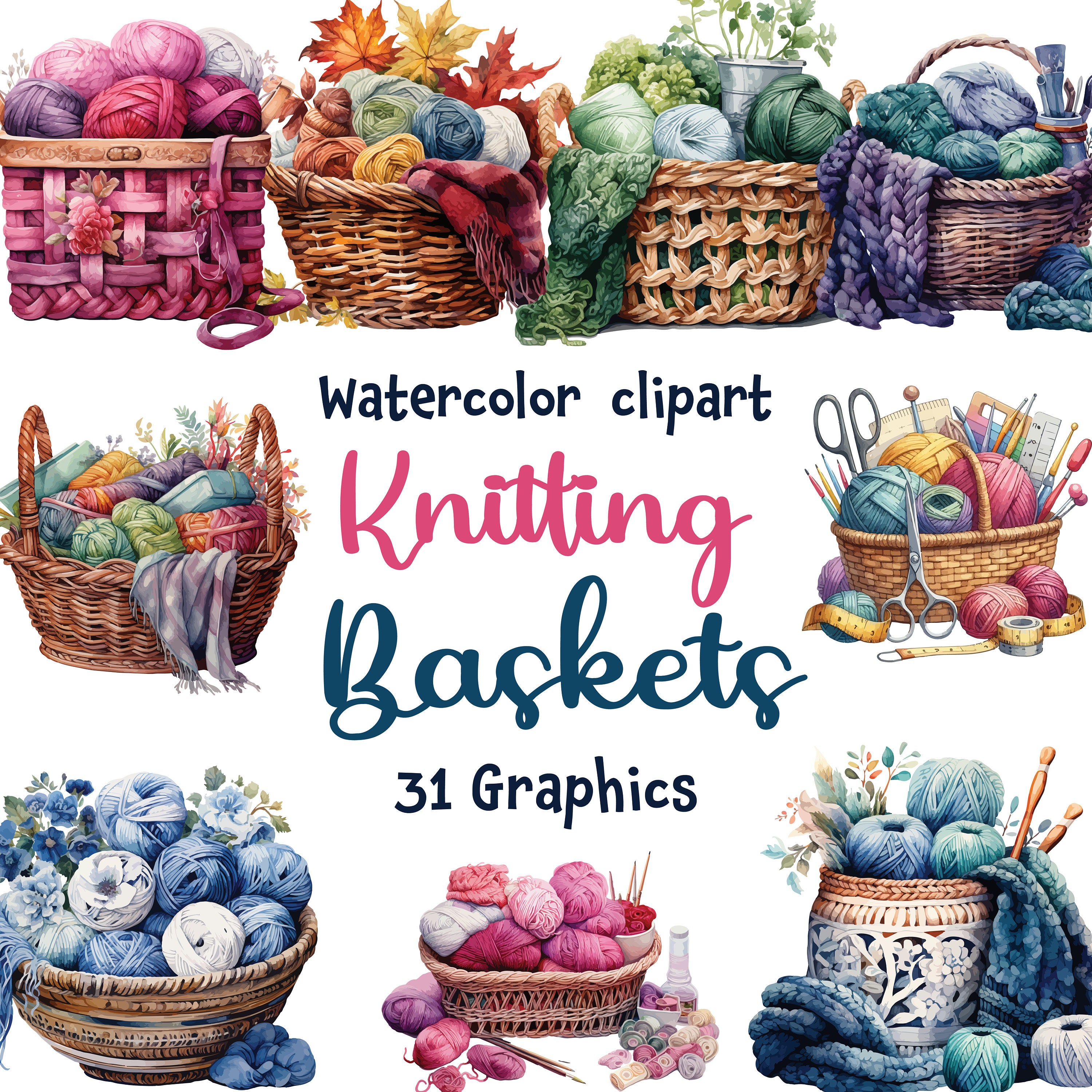 Watercolor Knitting Basket Clipart: Yarn & Needlework Designs, Knitting ...