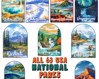 Imágenes prediseñadas de acuarela de los 63 parques nacionales de EE. UU.: parques nacionales estadounidenses, reservas nacionales de EE. UU., hermosos parques nacionales, gráficos SVG PNG
