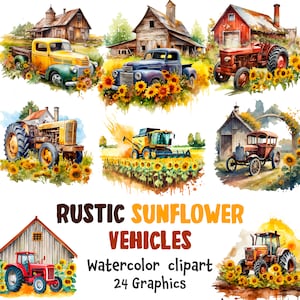 Rustic Sunflower Vehicles Watercolor Clipart, Farm Truck Sunflowers,Farmer Barnyard 24 SVG, 24 PNG | Transparent background | Commercial Use