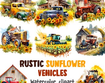 Solrosgårdslastbil akvarell Clipart: Solrosfordon, Rustika solroslastbilar, SVG PNG (Kommersiellt bruk)