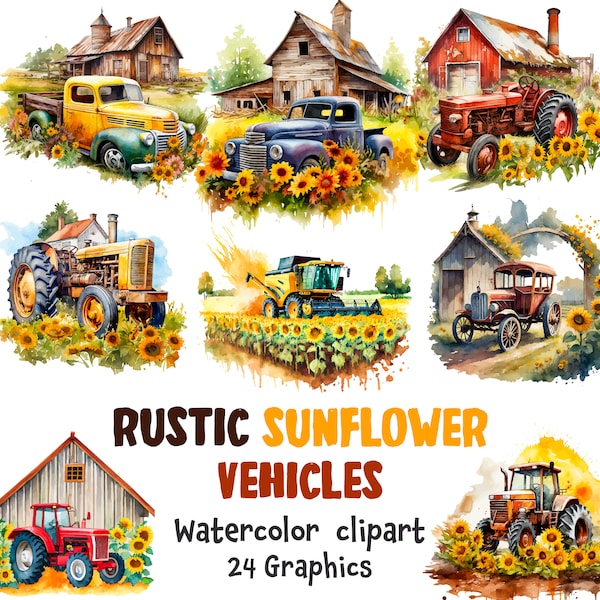 Rustic Sunflower Vehicles Watercolor Clipart, Farm Truck Sunflowers,Farmer Barnyard 24 SVG, 24 PNG | Transparent background | Commercial Use