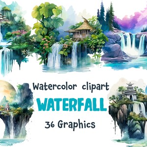 Waterfall Watercolor Clipart, Nature Landscapes, 36 SVG, 36 PNG ( Transparent background) | Source file | Digital Download | Commercial Use