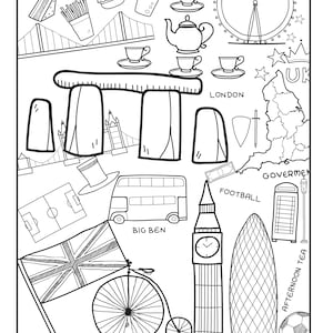 Puede incluir: Un dibujo en blanco y negro de elementos ic&oacute;nicos de Inglaterra, incluyendo el Big Ben, el London Eye, un autob&uacute;s de dos pisos, una cabina telef&oacute;nica roja, un bal&oacute;n de f&uacute;tbol, una bandera del Reino Unido y las palabras "Inglaterra" y "Londres".