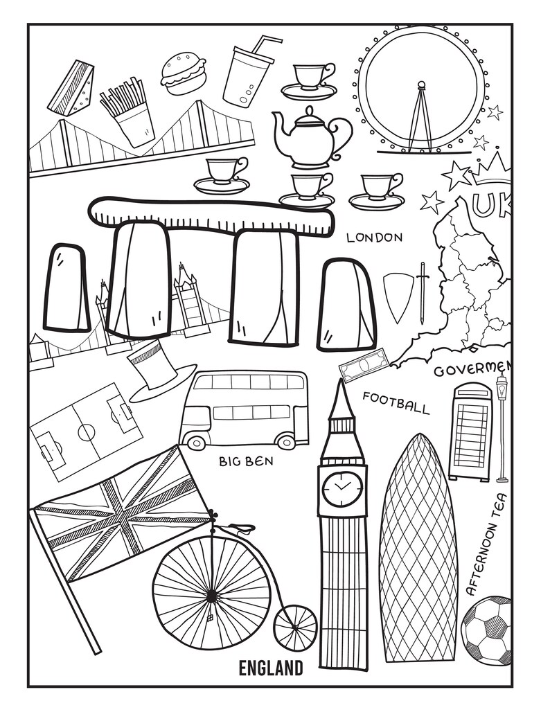 Puede incluir: Un dibujo en blanco y negro de elementos ic&oacute;nicos de Inglaterra, incluyendo el Big Ben, el London Eye, un autob&uacute;s de dos pisos, una cabina telef&oacute;nica roja, un bal&oacute;n de f&uacute;tbol, una bandera del Reino Unido y las palabras "Inglaterra" y "Londres".