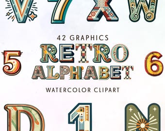 Retro Watercolor Alphabet Clipart: 60s Style Letters (42 PNG, SVG)