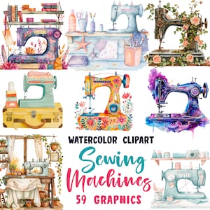 Könnte beinhalten: Aquarell-Clipart-Set mit 59 Nähmaschinen-Grafiken. Das Set enthält verschiedene Stile von Nähmaschinen mit floralen, geometrischen und galaktischen Designs. Die Grafiken sind perfekt für Basteln, Scrapbooking und digitale Projekte.
