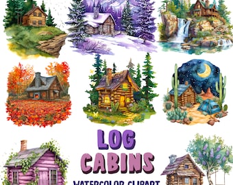 Cabañas de madera en acuarela: imágenes prediseñadas de estilo cottagecore, casa de madera, pequeña casa en el bosque, PNG SVG (uso comercial)