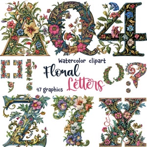 Floral illuminé lettres et chiffres Clipart aquarelle, alphabet anglais et ponctuation, police mystique, 47 SVG, 47 PNG, usage Commercial