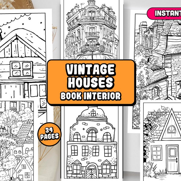 KDP Vintage Old Houses Coloring Pages | 8.5x11 | Ready to use | instant download ( editable source file) | Commercial Use