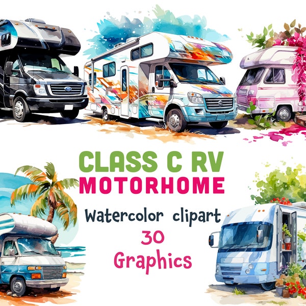 Class C RV Motorhome, camping vans Watercolor Clipart, 30 graphics (Transparent background )| Source file | Digital download, Commercial Use