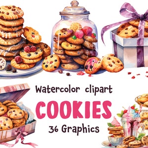 Cookies Watercolor Clipart, Chocolate Chip Cookies, cookie gift box 36 SVG, 36 PNG | transparent background Digital Download Commercial Use