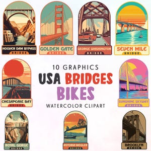 Vintage 10 Famous USA Bridges SVG, Retro Golden Gate Bridge, Iconic Bridges, classic American Bridges, Vintage USA bridges, Commercial Use