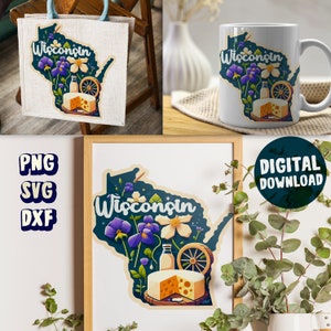 Può includere: Un download digitale di un contorno dello stato del Wisconsin con uno sfondo blu, fiori viola e bianchi, una bottiglia di latte, una forma di formaggio e la parola "Wisconsin" in un font stilizzato.