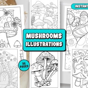 Mushrooms Coloring Pages, Enchanted Mushroom houses, Floral Mushroom, whimsical mushroom house, 8.5 x 11 Inches  instant download