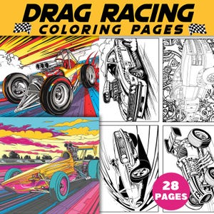 ziehen Ausmalseiten,Dragster,Dragster-Rennwagen, TopFuel-Dragster, Pro Stock-Cars, Junior-Dragster, 28 Seiten, sofort download