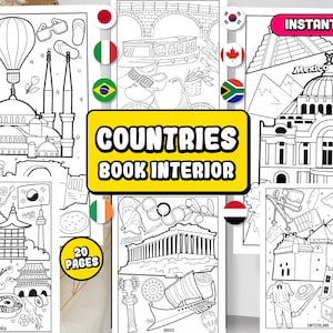 Pays et pages de coloriage de voyage, cadeau de géographie pour les enfants, livre de coloriage de voyage autour du monde, pays célèbres, 8,5 x 11 téléchargement immédiat