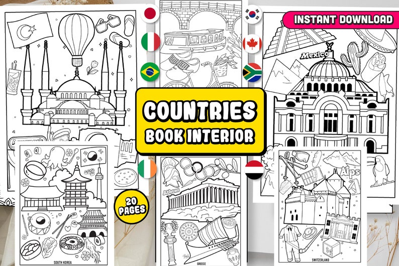Puede incluir: Un libro para colorear con 20 p&aacute;ginas que presenta ilustraciones en blanco y negro de monumentos famosos de todo el mundo. El libro incluye ilustraciones de la Hagia Sophia en Turqu&iacute;a, el Taj Mahal en India, la Torre Eiffel en Francia, la Gran Muralla China, el Coliseo en Italia, y m&aacute;s. El libro se titula "Countries Book Interior" e incluye el texto "Descarga instant&aacute;nea" y "20 p&aacute;ginas".