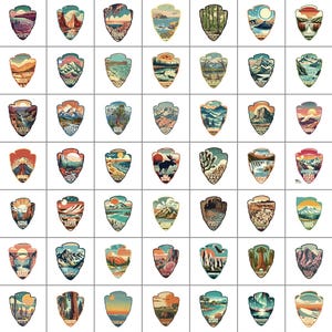 Puede incluir: Una colecci&oacute;n de 64 parches coloridos del Servicio de Parques Nacionales de estilo vintage. Cada parche presenta un dise&ntilde;o &uacute;nico que representa un parque nacional diferente, incluyendo monumentos ic&oacute;nicos, vida silvestre y paisajes. Los parches est&aacute;n dispuestos en un patr&oacute;n de cuadr&iacute;cula.