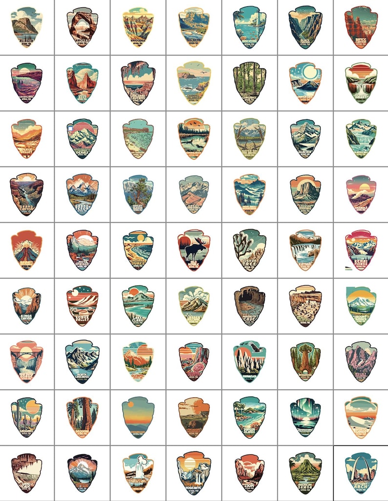 Puede incluir: Una colecci&oacute;n de 64 parches coloridos del Servicio de Parques Nacionales de estilo vintage. Cada parche presenta un dise&ntilde;o &uacute;nico que representa un parque nacional diferente, incluyendo monumentos ic&oacute;nicos, vida silvestre y paisajes. Los parches est&aacute;n dispuestos en un patr&oacute;n de cuadr&iacute;cula.