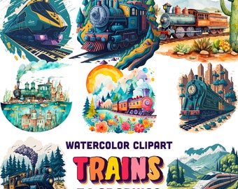Watercolor Trains Clipart: Railroad, beautiful trains, Locomotives (Digital Download)
