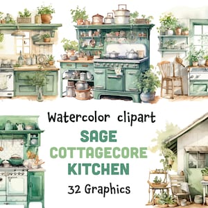 May include: Watercolor clipart of a sage green cottagecore kitchen with 32 graphics. The kitchen features a vintage stove, cabinets, shelves, and various kitchenware. The kitchen is decorated with plants and flowers.