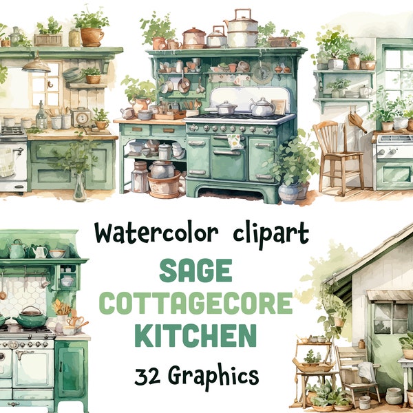 Sage Cottagecore Kitchen Clipart bundle, farm life, countryside, 32 SVG, 32 PNG (transparent background) | Digital Download | Commercial Use