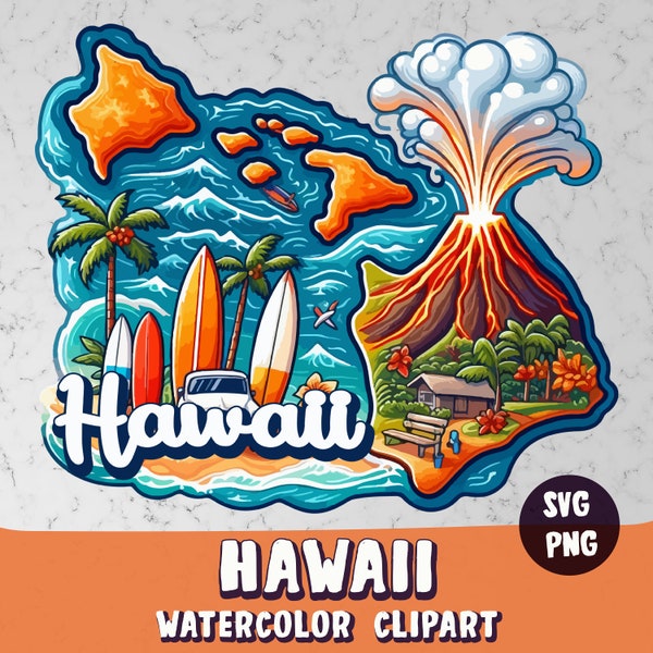 Hawaii State Watercolor Clipart, Beautiful Hawaii Volcano, Hawaii State map,Hawaii USA, SVG and PNG, Transparent background, Commercial Use