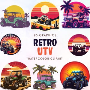 Puede incluir: 25 Gráficos Retro UTV Acuarela Clipart. Una colección de ilustraciones digitales que presentan varios vehículos todoterreno en un estilo retro. Las ilustraciones presentan un fondo de puesta de sol con palmeras y paisajes desérticos.