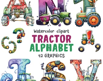 Watercolor Tractor Alphabet Clipart: Tractor letters, Tractor font, Tractor lettering A-Z, 1-9 (SVG, PNG)