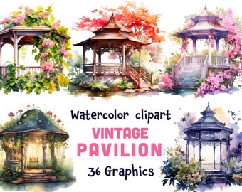 Puede incluir: Clipart de acuarela de 36 pabellones vintage de varios estilos, incluyendo un pabellón con forma de hongo, un pabellón de estilo pagoda y un gazebo tradicional. Los pabellones están pintados en una variedad de colores, incluyendo verde, azul, marrón y blanco.