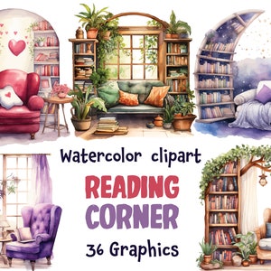 Watercolor Reading Corner Clipart, bookshelf, Library, Book reading place 36 SVG, 36 PNG, transparent background, Commercial Use