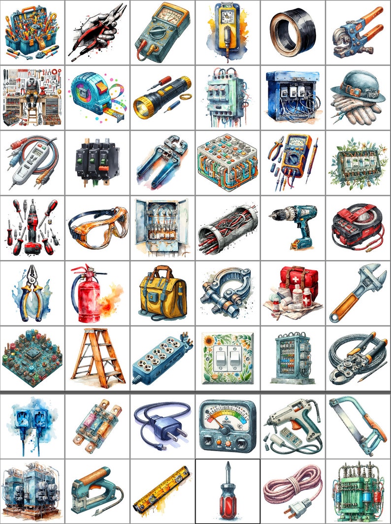 Electrician Tools Watercolor Clipart: Electrician Equipment ...
