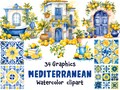 Mediterranean Watercolor Clipart: yellow and blue mediterranean art, Amalfi Lemons & Tiles, Mediterranean tiles,  (34 PNG, SVG)