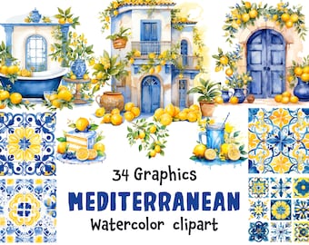 Mediterranean Watercolor Clipart, Tile and Lemons, Mediterranean tiles, Amalfi Coast, 34 SVG, 34 PNG | Transparent background Commercial Use