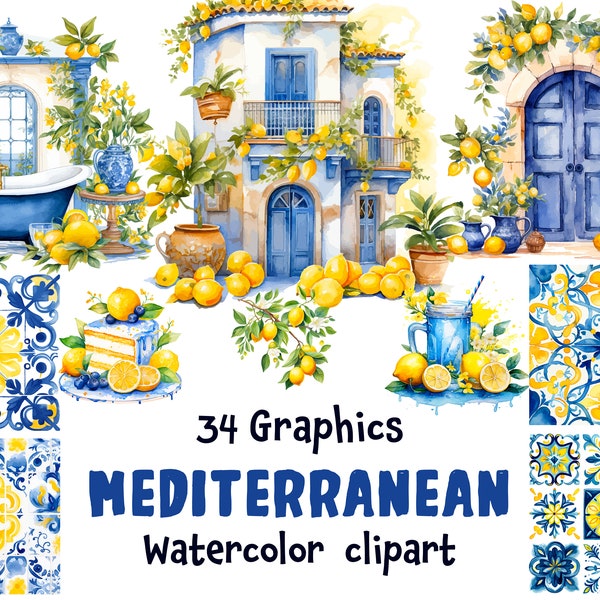 Mediterranean Watercolor Clipart, Tile and Lemons, Mediterranean tiles, Amalfi Coast, 34 SVG, 34 PNG | Transparent background Commercial Use