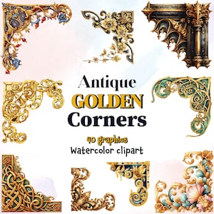 May include: A set of 40 watercolor clipart images of antique golden corners. The corners are ornate and detailed, with a variety of floral and geometric designs. The corners are perfect for adding a touch of elegance to any project.