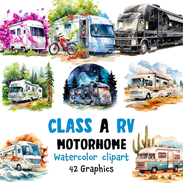 Class A RV Motorhome Watercolor Clipart, Class A motorhome Models, 42 graphics (Transparent background )| Source file | Commercial Use