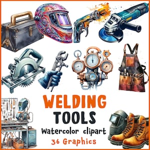 May include: A set of 36 watercolor illustrations of welding tools. The set includes a welding helmet, a grinder, a welding torch, a pair of pliers, a welding gauge, a welding apron, a pair of work boots, and a toolbox.