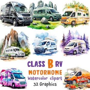Puede incluir: Ilustraciones de acuarela de diferentes autocaravanas de clase B en diferentes entornos. Las ilustraciones presentan una variedad de colores y estilos, incluyendo una autocaravana en blanco y negro, una autocaravana verde, una autocaravana amarilla, una autocaravana morada, una autocaravana blanca y una autocaravana rosa. El texto "CLASS B RV MOTORHOME Watercolor clipart 32 Graphics" se muestra en la parte inferior de la imagen.