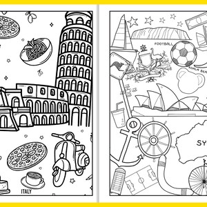 Puede incluir: Una p&aacute;gina para colorear en blanco y negro con monumentos y s&iacute;mbolos ic&oacute;nicos de Italia y Australia. El lado izquierdo muestra el Coliseo, la Torre Inclinada de Pisa, un plato de espaguetis, una pizza y una Vespa. El lado derecho muestra la &Oacute;pera de S&iacute;dney, el Puente del Puerto de S&iacute;dney, un koala, un bumer&aacute;n y un bal&oacute;n de f&uacute;tbol. El texto "ITALIA" y "S&Iacute;DNEY" est&aacute; incluido en la p&aacute;gina.