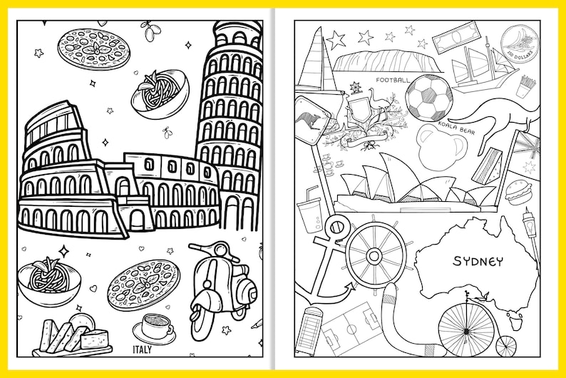 Puede incluir: Una p&aacute;gina para colorear en blanco y negro con monumentos y s&iacute;mbolos ic&oacute;nicos de Italia y Australia. El lado izquierdo muestra el Coliseo, la Torre Inclinada de Pisa, un plato de espaguetis, una pizza y una Vespa. El lado derecho muestra la &Oacute;pera de S&iacute;dney, el Puente del Puerto de S&iacute;dney, un koala, un bumer&aacute;n y un bal&oacute;n de f&uacute;tbol. El texto "ITALIA" y "S&Iacute;DNEY" est&aacute; incluido en la p&aacute;gina.