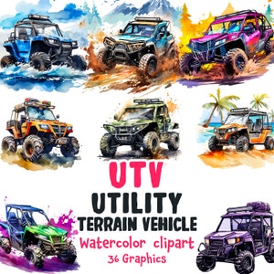 UTV Watercolor Clipart, Utility Terrain vehicle, Off-Road Motorcycle, Trail vehicle, 36 SVG, 36 PNG | Transparent background Commercial Use