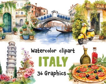 Italy Watercolor Clipart, Italian landmarks, Pizza png, Pasta, 36 SVG, 36 PNG ( transparent background) | Digital Download | Commercial Use
