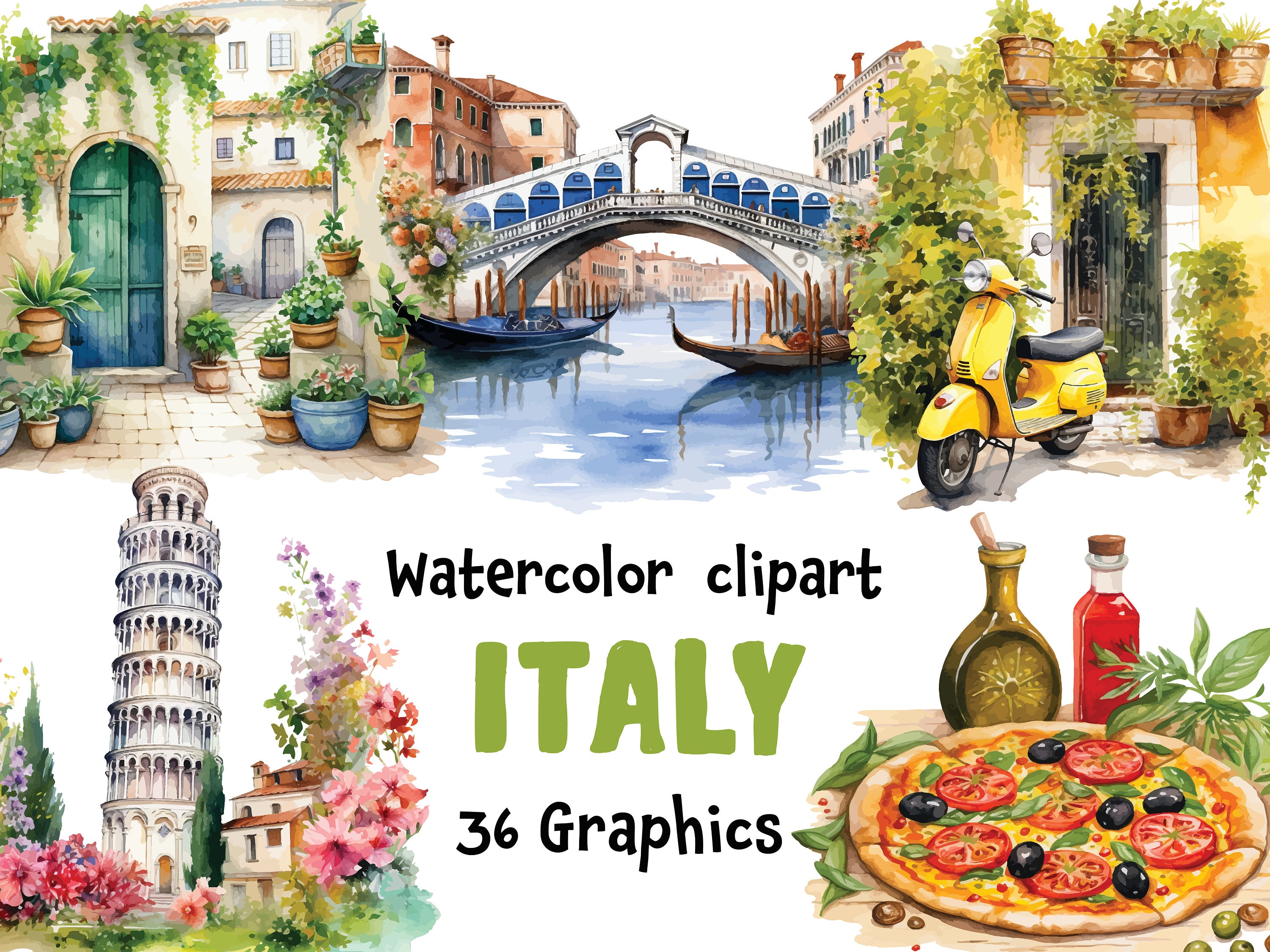 Italy Watercolor Clipart, Italian landmarks, Pizza png, Pasta, 36 SVG, 36 PNG ( transparent background) | Digital Download | Commercial Use